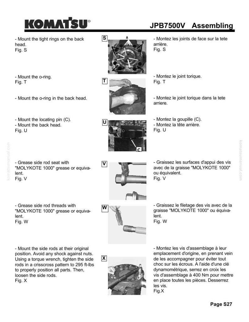 May include: A Komatsu JPB7500V assembling diagram with step-by-step instructions. The image includes diagrams for mounting rings, o-rings, locating pins, and side rods. Text includes torque specifications in ft-lbs and the use of Molykote grease.