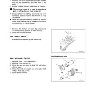May include: Diagram of an air cleaner with instructions for cleaning and replacing the element. Includes illustrations of the double element type and steps for maintenance. Text includes safety warnings and cleaning procedures.