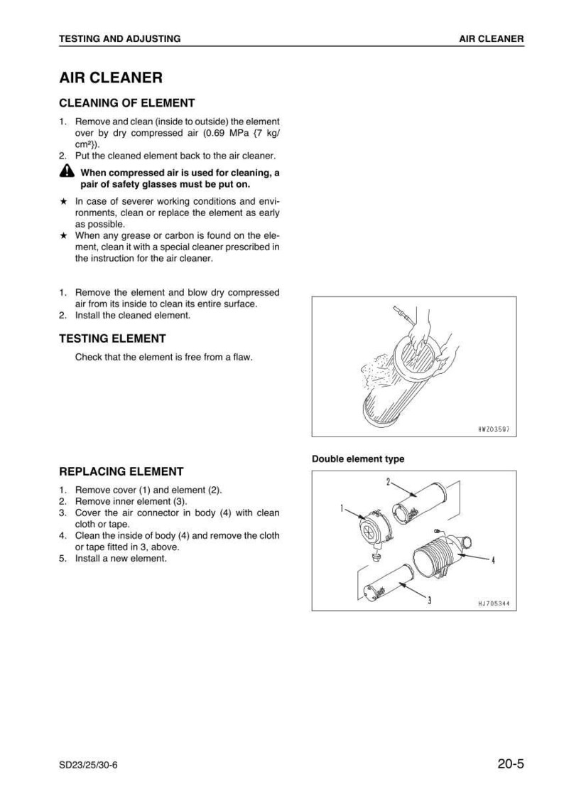 May include: Diagram of an air cleaner with instructions for cleaning and replacing the element. Includes illustrations of the double element type and steps for maintenance. Text includes safety warnings and cleaning procedures.