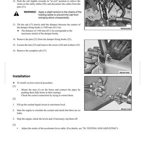May include: A page from a manual detailing the disassembly and assembly of a cab. The text includes instructions for removing pins, loosening nuts, and tilting the cab. Diagrams illustrate the steps.