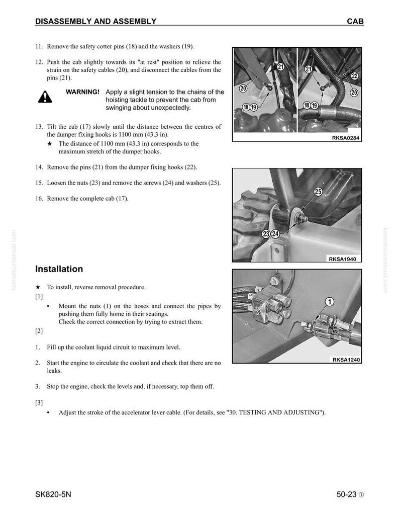 May include: A page from a manual detailing the disassembly and assembly of a cab. The text includes instructions for removing pins, loosening nuts, and tilting the cab. Diagrams illustrate the steps.