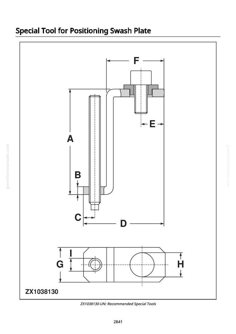May include: Diagram of a special tool for positioning a swash plate. The tool is a combination of a rectangular body and a curved arm, with dimensions labelled A to I. The text "ZX1038130" is at the bottom.