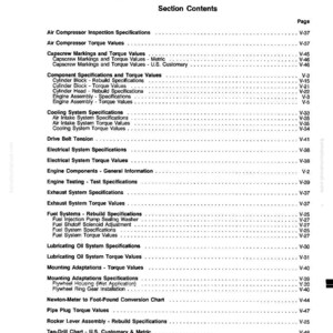 May include: A printed page from a manual titled "Specifications and Torque Values - Group 18." The table of contents lists various specifications, including air compressor, cylinder, and fuel system specifications. The page number is V-1.
