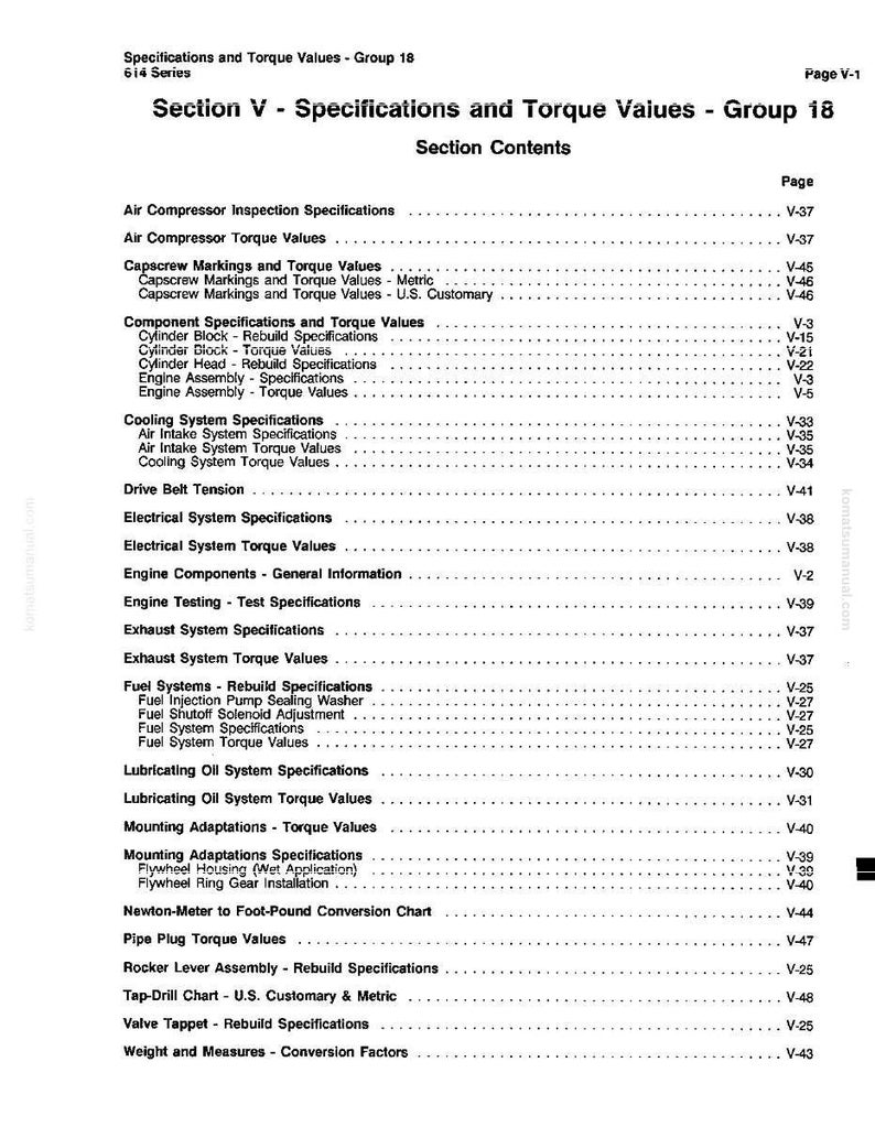 May include: A printed page from a manual titled "Specifications and Torque Values - Group 18." The table of contents lists various specifications, including air compressor, cylinder, and fuel system specifications. The page number is V-1.