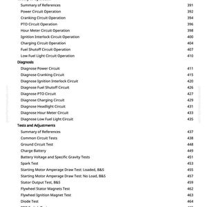 May include: A white page with a detailed table of contents for electrical diagnosis, tests, and adjustments. The text includes sections on theory of operation, diagnosis, and tests, with page numbers.