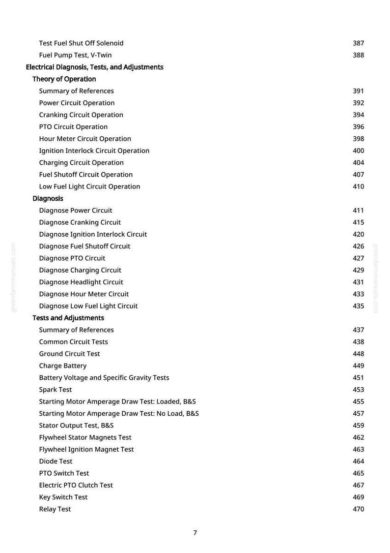 May include: A white page with a detailed table of contents for electrical diagnosis, tests, and adjustments. The text includes sections on theory of operation, diagnosis, and tests, with page numbers.