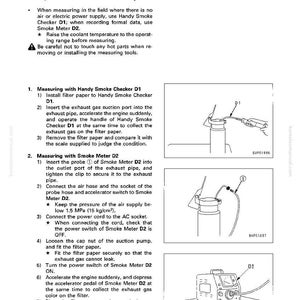 May include: A page from a manual titled "Measuring Exhaust Color" for PC600, 600LC-6. It includes instructions for using Handy Smoke Checker D1 and Smoke Meter D2, with diagrams and safety warnings. The text is in black.