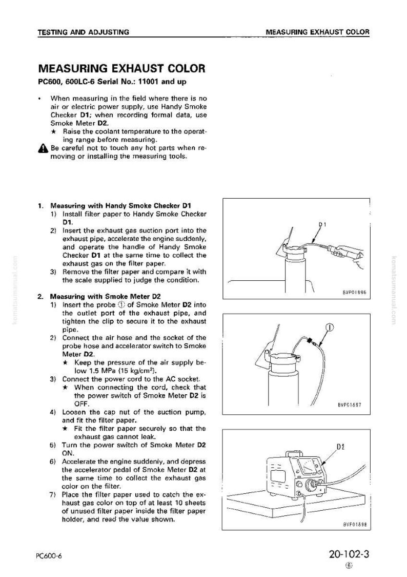 May include: A page from a manual titled "Measuring Exhaust Color" for PC600, 600LC-6. It includes instructions for using Handy Smoke Checker D1 and Smoke Meter D2, with diagrams and safety warnings. The text is in black.