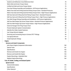May include: A detailed table of contents from a manual, with headings and page numbers. Topics include engine components, speed control, and technical references. The text is in black on a white background.