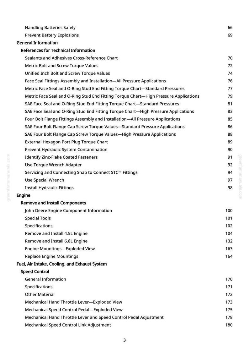 May include: A detailed table of contents from a manual, with headings and page numbers. Topics include engine components, speed control, and technical references. The text is in black on a white background.