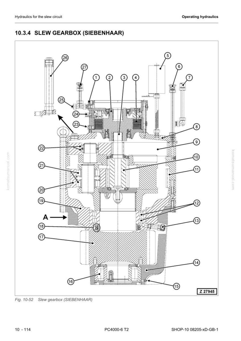 Op de afbeelding: Gedetailleerde diagram van een zwenkversnellingsbak (SIEBENHAAR) met genummerde componenten. De afbeelding is een technische illustratie uit een handleiding, die de interne werking van de versnellingsbak laat zien. Tekst bevat "Bedieningshydrauliek".
