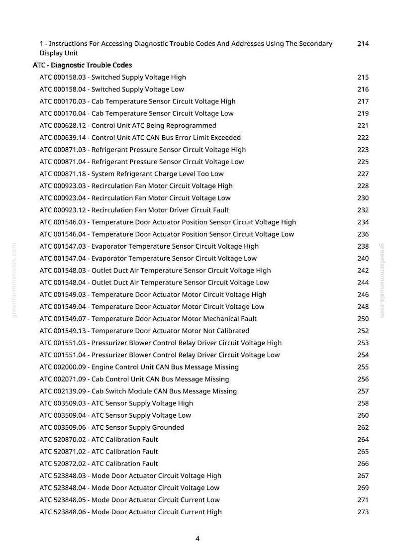 May include: A printed page from a manual detailing diagnostic trouble codes for an ATC system. The text includes codes for voltage, temperature, and sensor issues, with page numbers on the right.