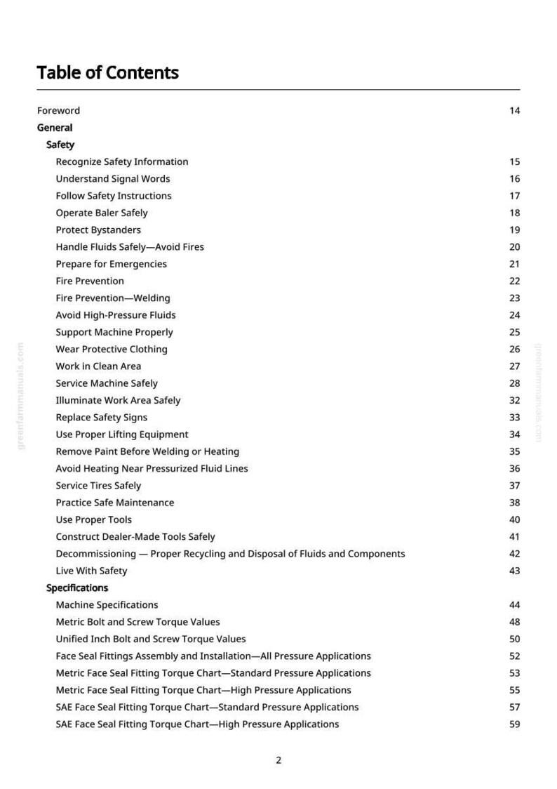 May include: A white page titled "Table of Contents" from a manual. The table lists safety topics such as "Recognize Safety Information" and "Fire Prevention". The page number is visible at the bottom.