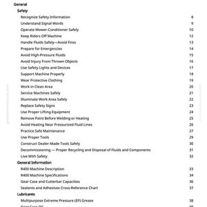 Puede incluir: Una p&aacute;gina blanca de un manual, titulada "Tabla de Contenidos". Enumera informaci&oacute;n de seguridad, como "Manejar fluidos de forma segura" y "Evitar fluidos a alta presi&oacute;n". La p&aacute;gina tambi&eacute;n incluye secciones sobre "Informaci&oacute;n general" y "Lubricantes".