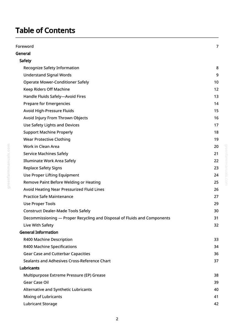 Puede incluir: Una p&aacute;gina blanca de un manual, titulada "Tabla de Contenidos". Enumera informaci&oacute;n de seguridad, como "Manejar fluidos de forma segura" y "Evitar fluidos a alta presi&oacute;n". La p&aacute;gina tambi&eacute;n incluye secciones sobre "Informaci&oacute;n general" y "Lubricantes".