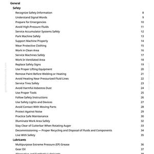 May include: A white page titled "Table of Contents" from a manual. The text lists safety topics like "Avoid High-Pressure Fluids" and "Service Tires Safely." The page number is 2.