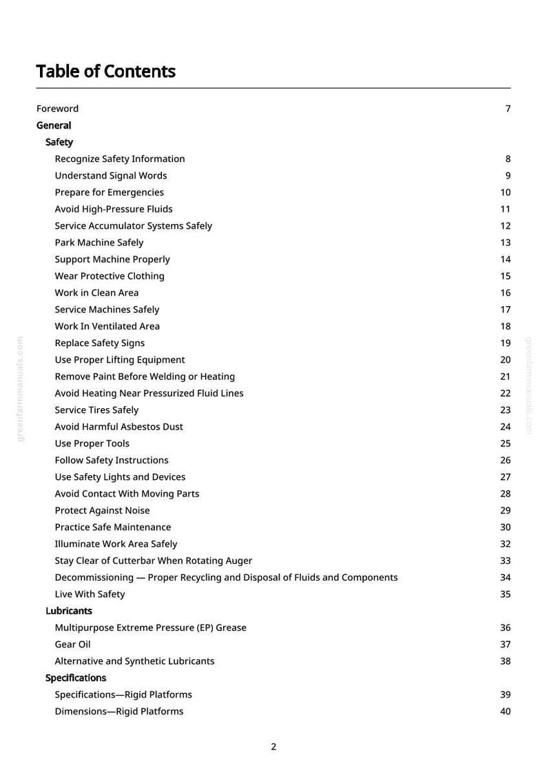 May include: A white page titled "Table of Contents" from a manual. The text lists safety topics like "Avoid High-Pressure Fluids" and "Service Tires Safely." The page number is 2.
