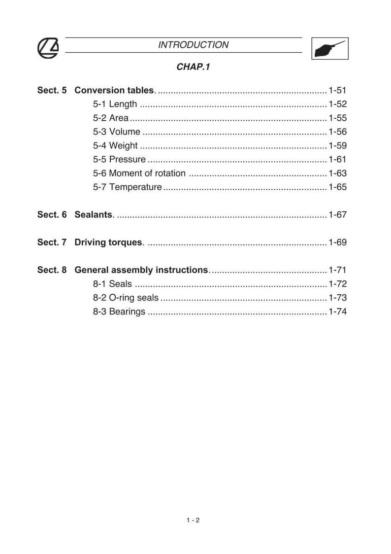 May include: A white page from a manual with the title "INTRODUCTION" and "CHAP.1". The page lists sections on conversion tables, sealants, driving torques, and general assembly instructions. The page numbers are on the right.