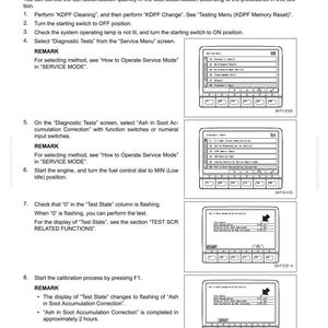 May include: A page from a machine monitor manual detailing the "Testing Menu (Ash in Soot Accumulation Correction)" process. The document includes numbered steps, screenshots of the monitor interface, and instructions for calibration.