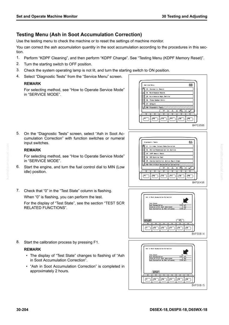 May include: A page from a machine monitor manual detailing the "Testing Menu (Ash in Soot Accumulation Correction)" process. The document includes numbered steps, screenshots of the monitor interface, and instructions for calibration.