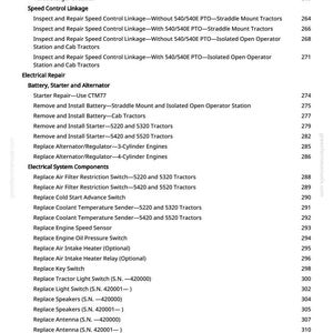 Puede incluir: P&aacute;gina de un manual de reparaci&oacute;n de tractores con un &iacute;ndice. Enumera los procedimientos para turbocompresores, el varillaje de control de velocidad y las reparaciones el&eacute;ctricas. Se incluyen n&uacute;meros de p&aacute;gina para facilitar la consulta.