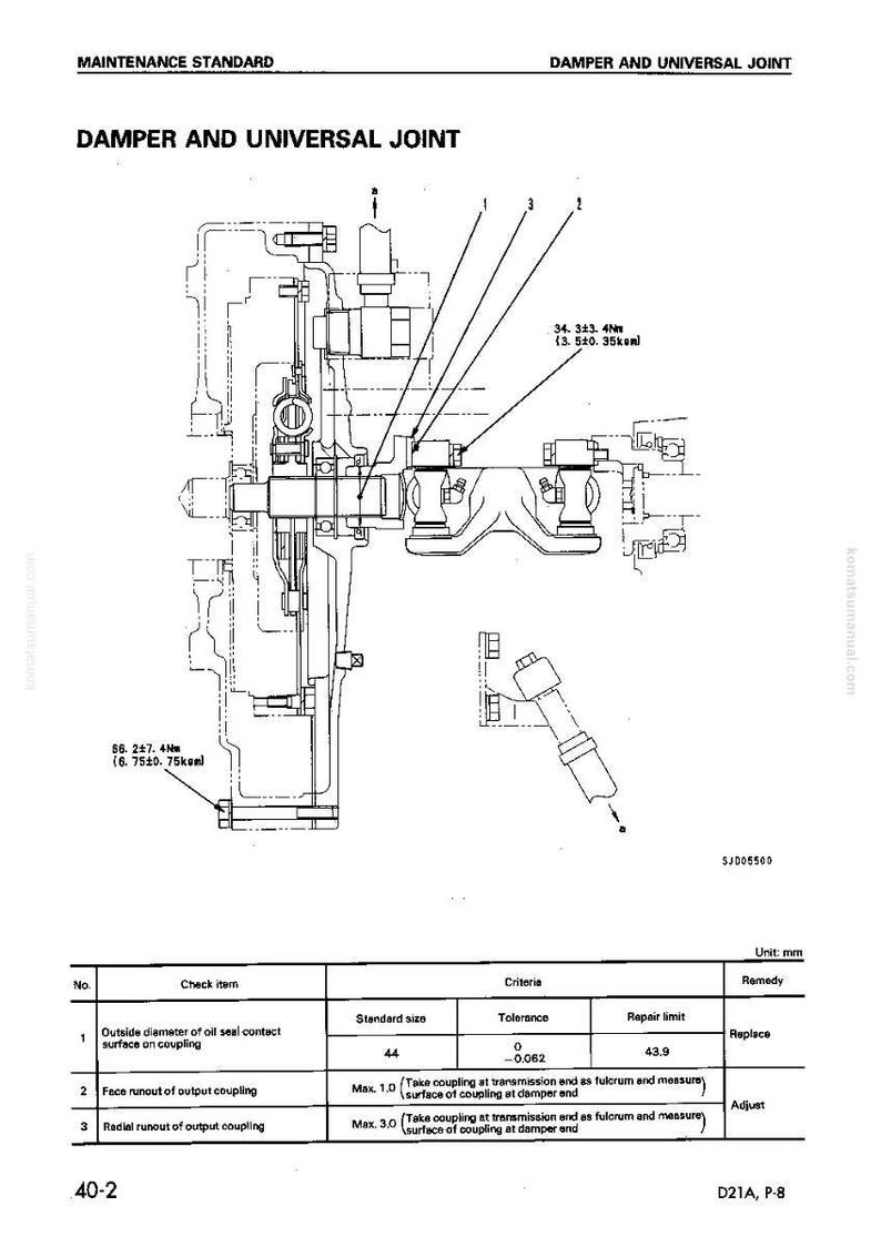 May include: Technical diagram of a damper and universal joint, with detailed mechanical components and measurements in millimeters. Includes text: "DAMPER AND UNIVERSAL JOINT" and a table with specifications for repair and maintenance.