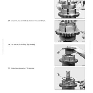 May include: A page from a manual titled "DISASSEMBLY AND ASSEMBLY" showing steps for transmission repair. The images show the insertion and assembly of gears and retaining rings. Text includes "Insert gear (6)" and "Assemble retaining ring (10) and gear."