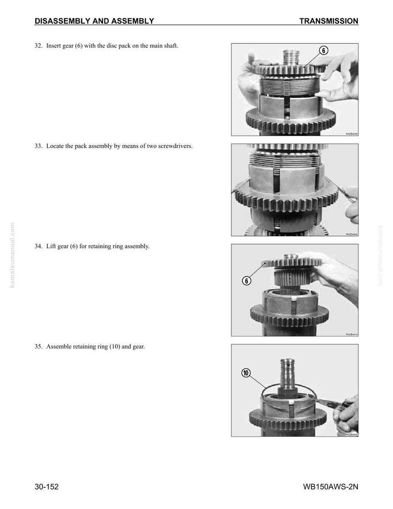 May include: A page from a manual titled "DISASSEMBLY AND ASSEMBLY" showing steps for transmission repair. The images show the insertion and assembly of gears and retaining rings. Text includes "Insert gear (6)" and "Assemble retaining ring (10) and gear."