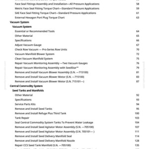 May include: A detailed table of contents from a manual, listing various topics related to machinery maintenance and repair. The text includes sections on vacuum systems, seed tanks, manifolds, and related components.