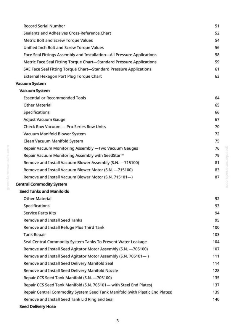 May include: A detailed table of contents from a manual, listing various topics related to machinery maintenance and repair. The text includes sections on vacuum systems, seed tanks, manifolds, and related components.
