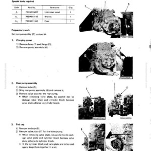 May include: A technical diagram detailing the disassembly of a main pump assembly (HPV055+055). The document includes a parts list, preparatory steps, and numbered diagrams of the pump components.