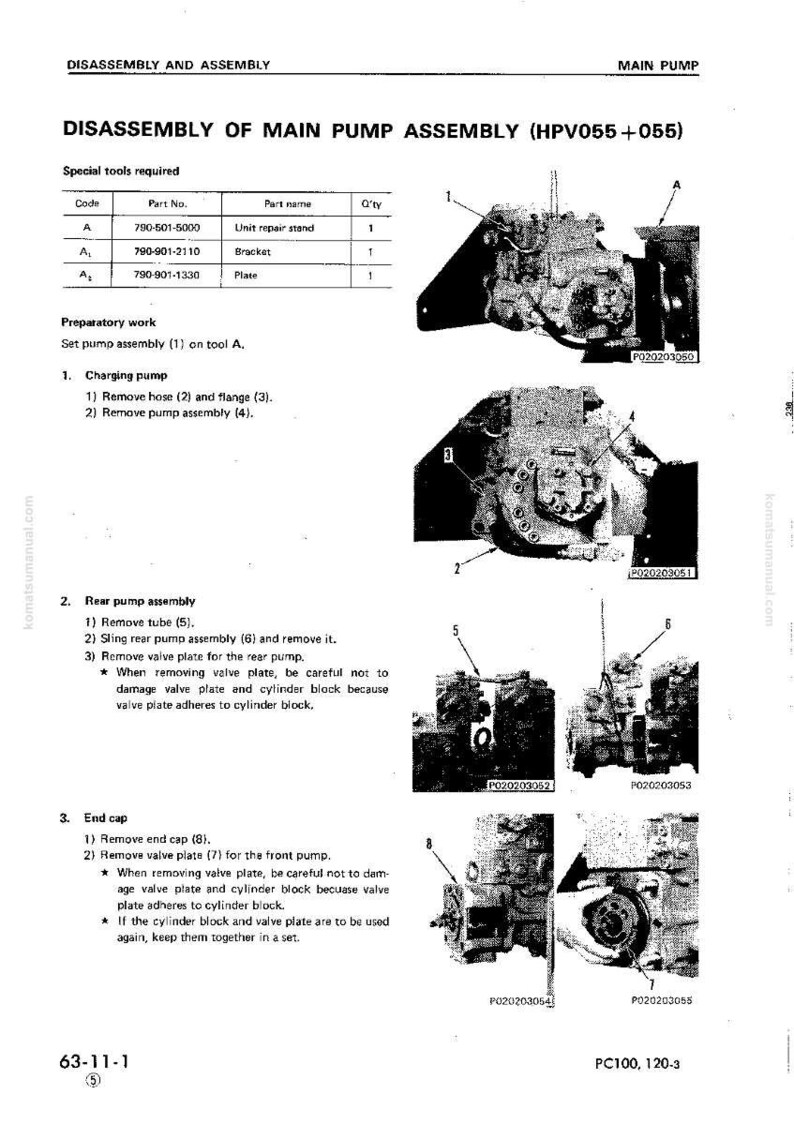 May include: A technical diagram detailing the disassembly of a main pump assembly (HPV055+055). The document includes a parts list, preparatory steps, and numbered diagrams of the pump components.
