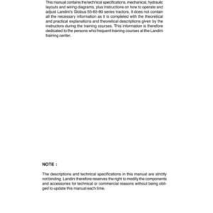 K&ouml;nnte beinhalten: Eine wei&szlig;e Manuskriptseite mit dem Titel "PREFACE" und Text, der technische Spezifikationen und Anweisungen f&uuml;r Landini Globus-Traktoren beschreibt. Enth&auml;lt einen "NOTE"-Abschnitt und Informationen zum Vorverkaufsservice.