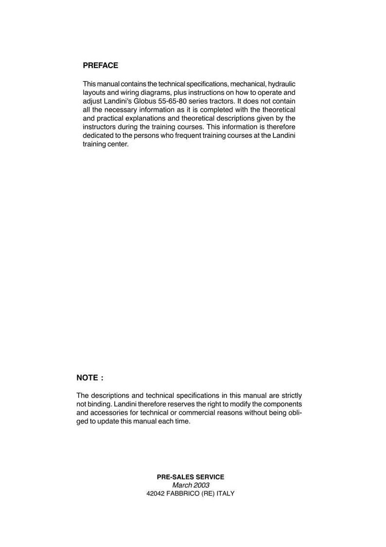 K&ouml;nnte beinhalten: Eine wei&szlig;e Manuskriptseite mit dem Titel "PREFACE" und Text, der technische Spezifikationen und Anweisungen f&uuml;r Landini Globus-Traktoren beschreibt. Enth&auml;lt einen "NOTE"-Abschnitt und Informationen zum Vorverkaufsservice.