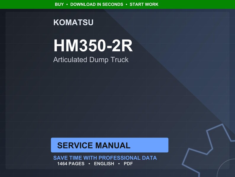 Może przedstawiać: Cyfrowa instrukcja serwisowa dla wozidła przegubowego Komatsu HM350-2R. Okładka jest ciemnoniebieska z białym tekstem, w tym logo Komatsu i numer modelu. Instrukcja zawiera 1464 strony i jest w języku angielskim.