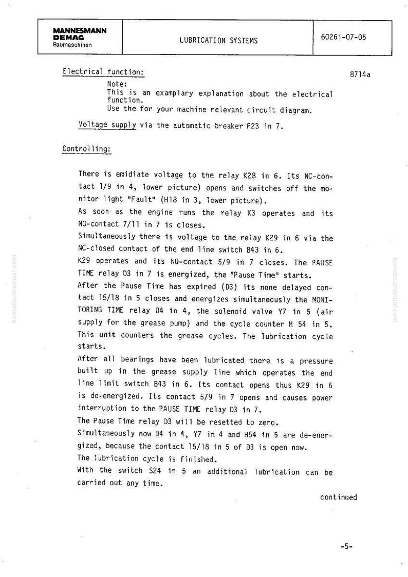 Puede incluir: Documento t&eacute;cnico de Mannesmann Demag, que detalla los sistemas de lubricaci&oacute;n. El documento incluye texto, diagramas y un n&uacute;mero de referencia. El texto explica la funci&oacute;n el&eacute;ctrica y los aspectos de control del sistema.