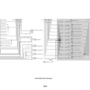 Pu&ograve; includere: Un diagramma schematico in bianco e nero con linee, simboli e testo. Il diagramma mostra vari componenti e collegamenti, come luci, sensori e sensori di velocit&agrave;. Il testo "HXC124037-UN: Schematic" &egrave; in basso.