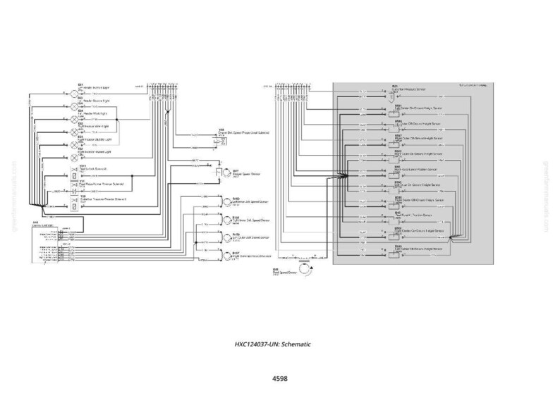 Pu&ograve; includere: Un diagramma schematico in bianco e nero con linee, simboli e testo. Il diagramma mostra vari componenti e collegamenti, come luci, sensori e sensori di velocit&agrave;. Il testo "HXC124037-UN: Schematic" &egrave; in basso.