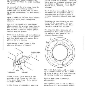 May include: Diagram of a DC drive motor structure, with labels for components like the armature, commutator, brushes, and magnetic poles. The text explains the motor's function and internal workings, including the coil and windings.