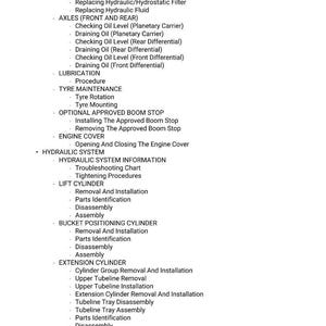 May include: A white document with a list of maintenance procedures for a machine. The text includes sections on engine oil, hydraulic systems, axles, and cylinders. The document is likely a service manual.