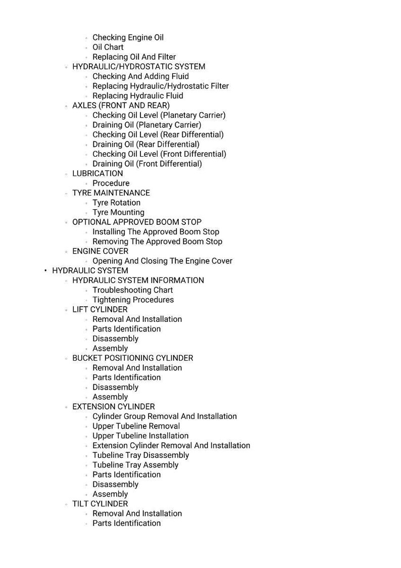 May include: A white document with a list of maintenance procedures for a machine. The text includes sections on engine oil, hydraulic systems, axles, and cylinders. The document is likely a service manual.
