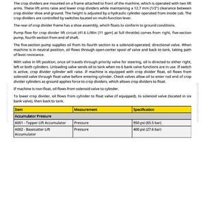 May include: Document detailing the 20AC Crop Divider Lift, including specifications for wheel machines. The text describes the lift's operation, hydraulic cylinder adjustment, and pump flow. Includes accumulator pressure measurements in psi and bar.
