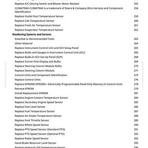 May include: A page from a greenfarmmanuals.com manual, listing various replacement parts and sensors. The text includes items like "Replace Hydraulic Oil Filter Restriction Switch" and "Replace Engine Coolant Temperature Sensor."