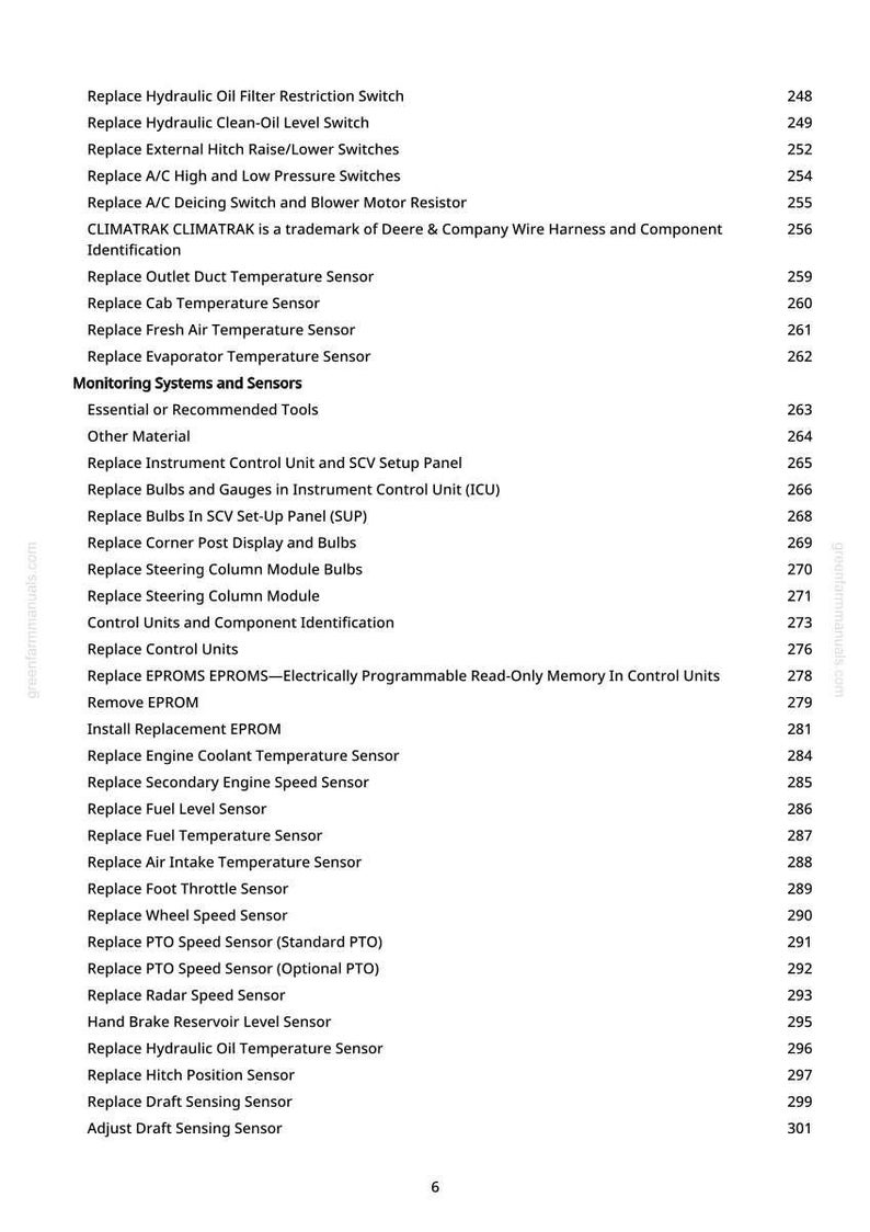 May include: A page from a greenfarmmanuals.com manual, listing various replacement parts and sensors. The text includes items like "Replace Hydraulic Oil Filter Restriction Switch" and "Replace Engine Coolant Temperature Sensor."
