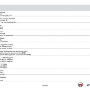 May include: A page from a manual with the title "Contents" in English, German, and French. The table of contents lists various engine components, including fuel tank, air cleaner, exhaust pipe, and propeller. The Weidemann logo is at the bottom.