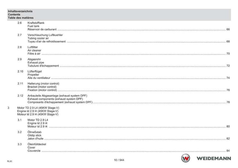 May include: A page from a manual with the title "Contents" in English, German, and French. The table of contents lists various engine components, including fuel tank, air cleaner, exhaust pipe, and propeller. The Weidemann logo is at the bottom.