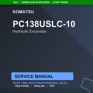 Pode incluir: Um manual de servi&ccedil;o digital para uma escavadeira hidr&aacute;ulica Komatsu PC138USLC-10. A capa &eacute; azul escuro com texto branco, incluindo o n&uacute;mero do modelo e "Manual de Servi&ccedil;o". O manual cont&eacute;m 1968 p&aacute;ginas e est&aacute; em ingl&ecirc;s.