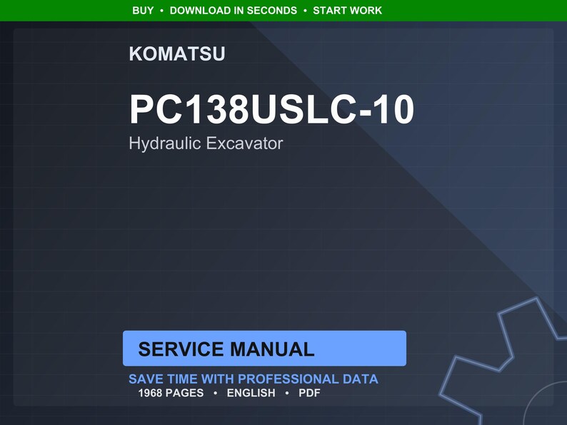 Pode incluir: Um manual de servi&ccedil;o digital para uma escavadeira hidr&aacute;ulica Komatsu PC138USLC-10. A capa &eacute; azul escuro com texto branco, incluindo o n&uacute;mero do modelo e "Manual de Servi&ccedil;o". O manual cont&eacute;m 1968 p&aacute;ginas e est&aacute; em ingl&ecirc;s.