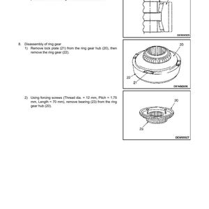 May include: Diagram of a final drive assembly with labels and instructions for disassembly. The image includes detailed illustrations of components such as bearings, ring gears, and hubs, with specific part numbers and measurements.