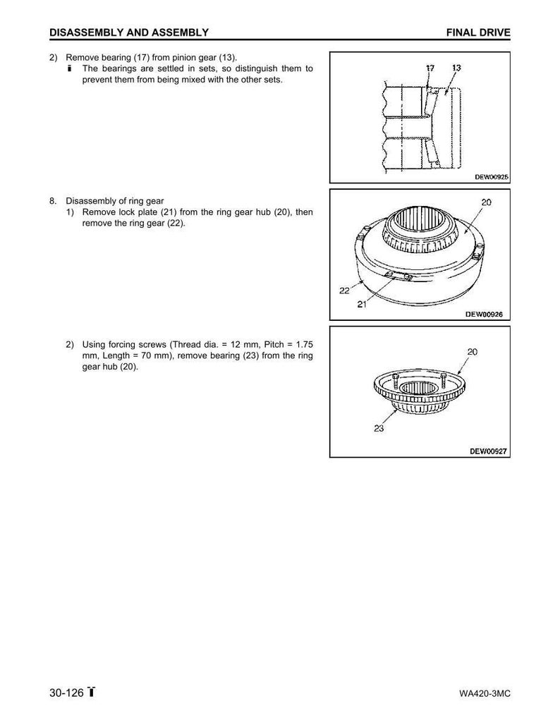 May include: Diagram of a final drive assembly with labels and instructions for disassembly. The image includes detailed illustrations of components such as bearings, ring gears, and hubs, with specific part numbers and measurements.
